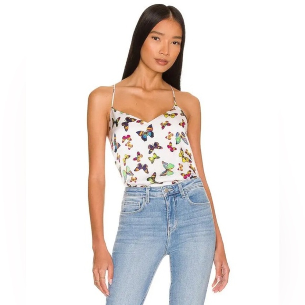 NWT L'Agence Mariella Silk Racerback Bodysuit in White Flutter Pattern - Sz S